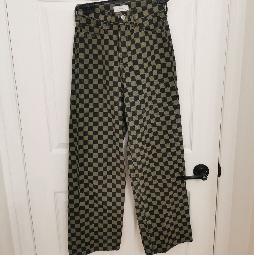 OAK + FORT Olive Green and Black Checkered Straight Leg Jeans
